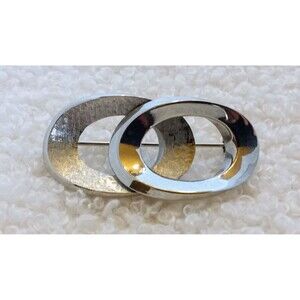 Vintage Estate Modernist Brushed & Shiny Silvertone Overlap Ovals Brooch 1.5 in